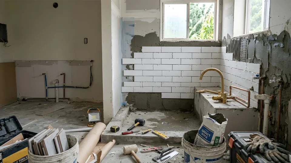 Bathroom remodel in progress with subway tile installation and copper plumbing roughin - Nikolic Construction Riverside County CA