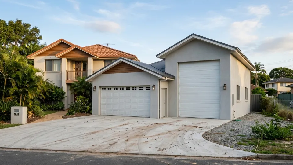 New garage build with two large garage doors and RV bay attached to residential home - Nikolic Construction Riverside County CA