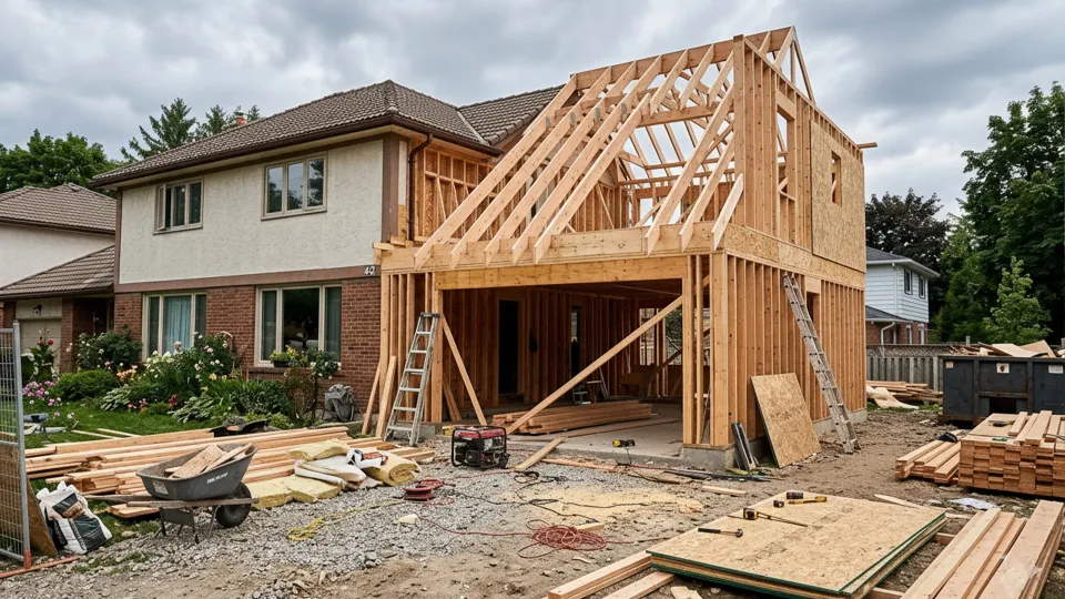 Home addition under construction with wood framing and roof trusses in Riverside County CA - Nikolic Construction