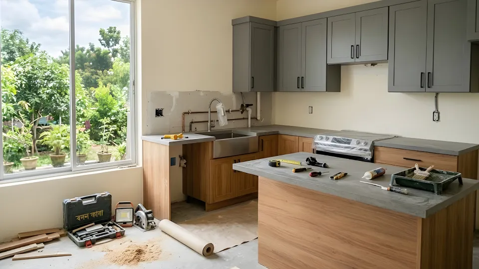 Custom kitchen remodel in progress - cabinet installation and countertop work by Nikolic Construction in Riverside County CA