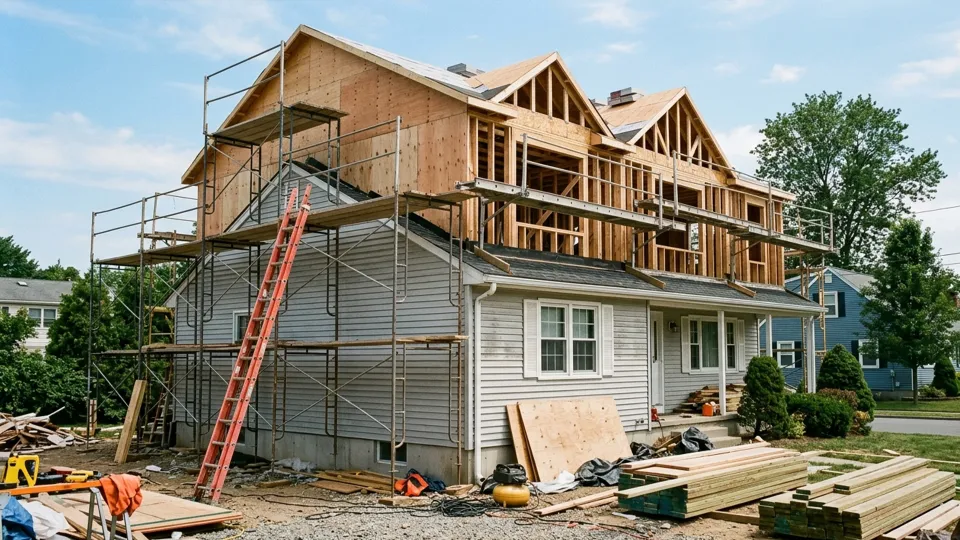 Second story addition under construction with scaffolding and wood framing - Nikolic Construction Riverside County CA