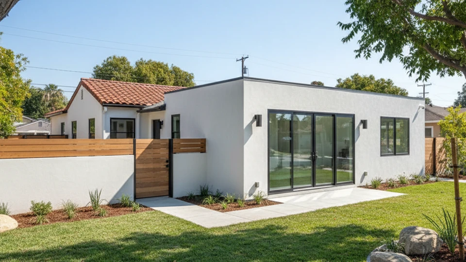 A contemporary flat-roof attached ADU seamlessly integrated with a classic Spanish tile roof main home, featuring an private entry courtyard