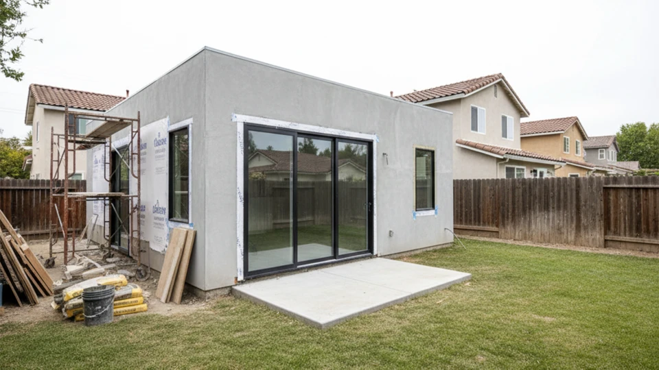 An ADU construction project undergoing external plastering and window installations in a Southern California backyard