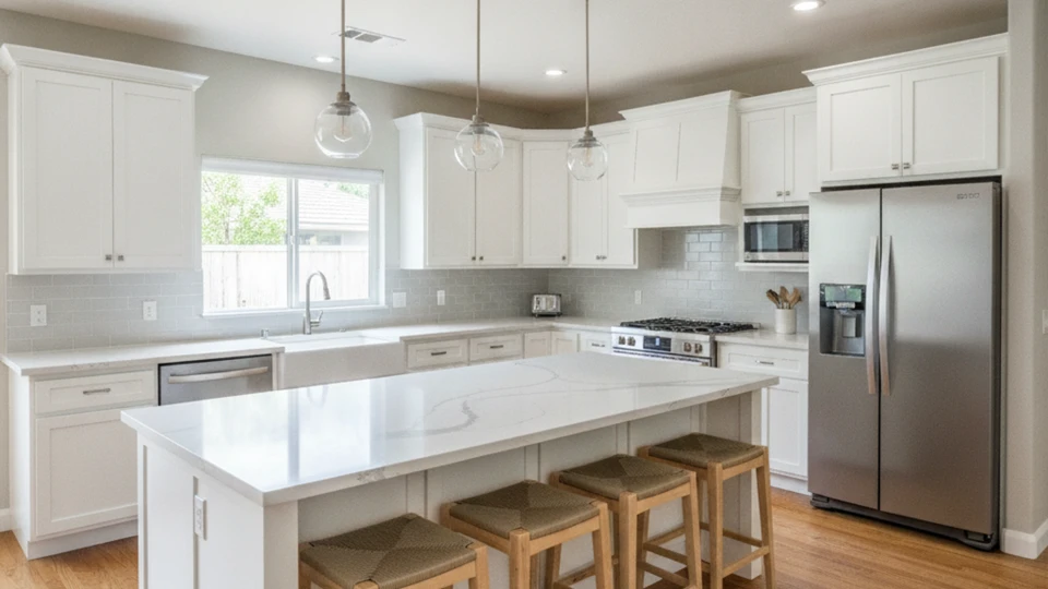 A fully transformed, bright open-concept kitchen highlighting custom glass-faced upper cabinets, a detailed tile backsplash, and a long central island under designer glass pendant fixtures