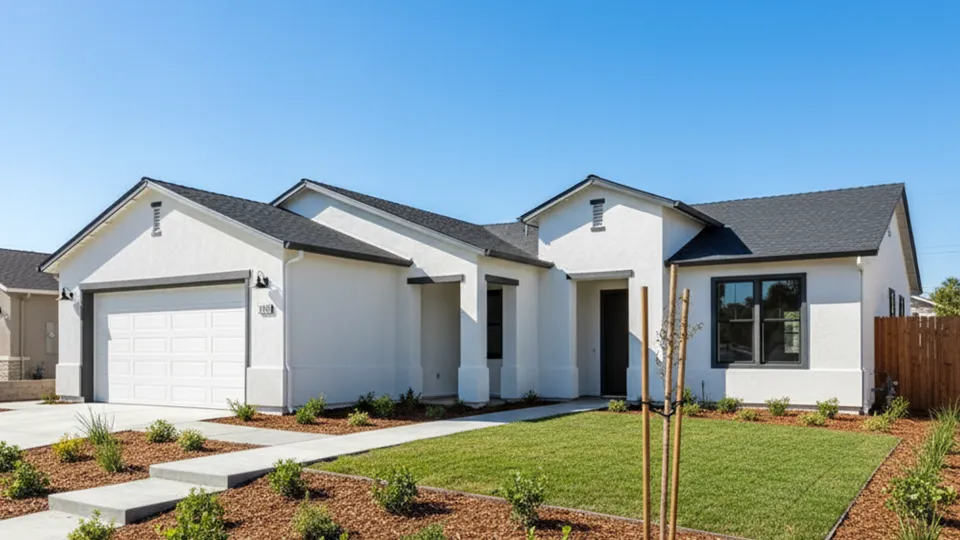 A contemporary luxury home with a newly integrated garage wing and multi-gables, painted in clean off-white stucco