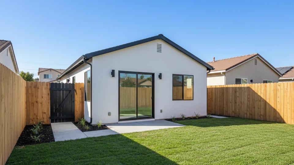 Modern stand-alone detached ADU with a finished stucco exterior, sliding glass doors, and a manicured lawn area