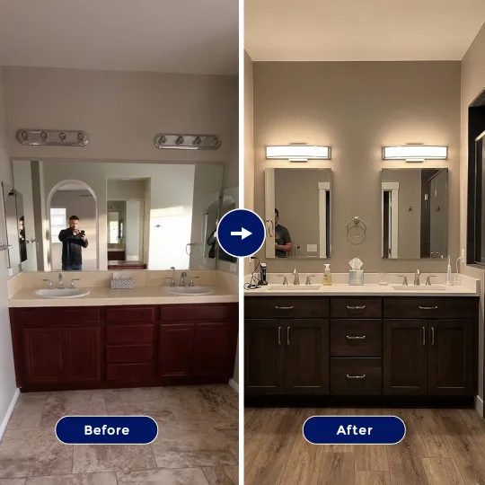 Before and after comparison of a master bathroom double vanity remodel in Temecula, showing the upgrade from dated red cabinets to a modern dark wood vanity with dual framed mirrors and contemporary light fixtures