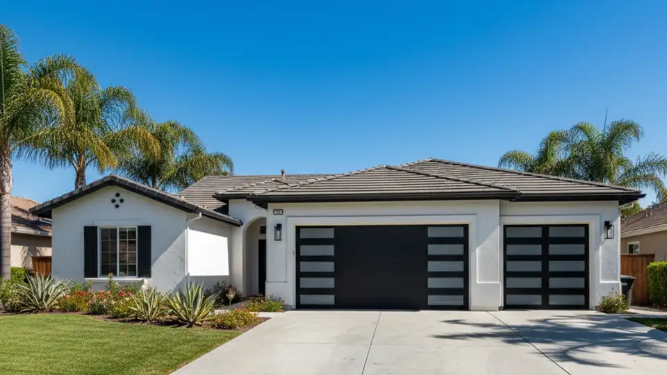 A classic Southern California suburban property featuring a two-story layout with an expanded double-door garage and a wide concrete driveway