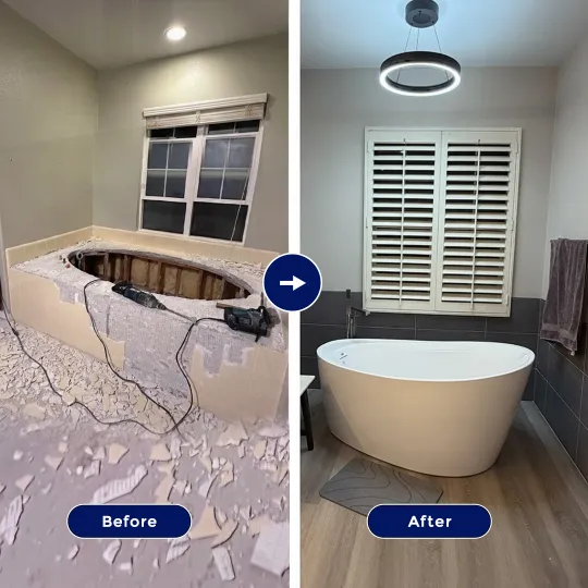 Before and after photo showing the mid-demolition of an old drop-in bathtub deck and the final installation of a modern white freestanding soaking tub underneath a window with white shutters and a round halo light fixture in Temecula