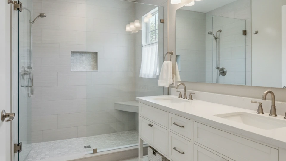 A completely refreshed secondary bathroom showcasing uniform gray wall tiles, a built-in shower alcove niche, and a clean white cabinet vanity