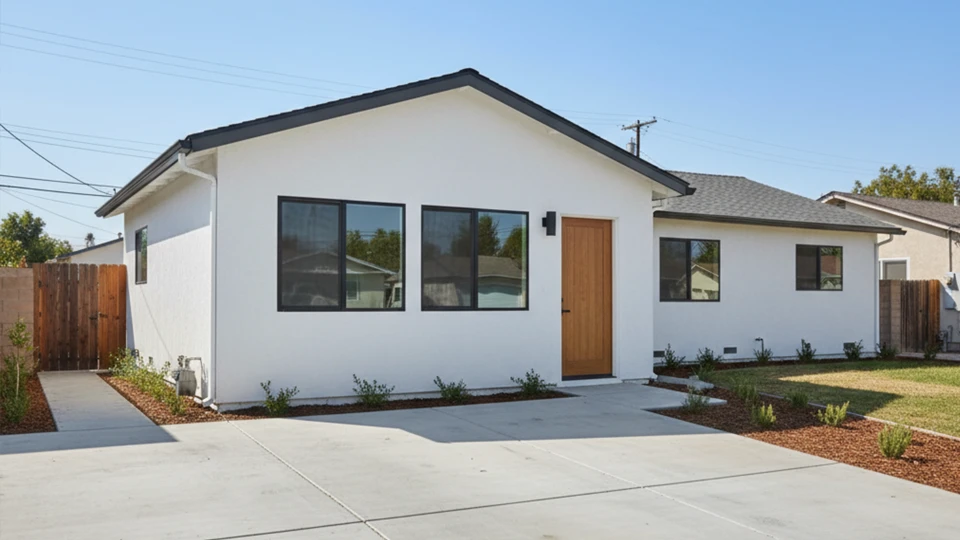 A residential garage fully converted into a modern livable home with wide windows, a custom wood entry door, and a concrete driveway foreground