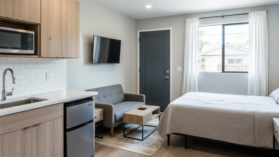 Interior of a completed junior ADU construction showing a space-optimized kitchenette, compact living area, and comfortable bedroom setup