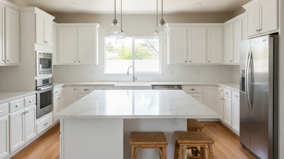 An expansive open-concept kitchen remodel revealing a massive central island with woven barstools that transitions smoothly into a bright background dining area and living space