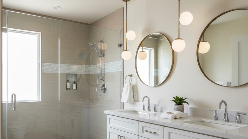 A contemporary master bathroom remodeling featuring elegant round gold-trimmed mirrors, warm orb pendant lights, and a neutral tile walk-in shower