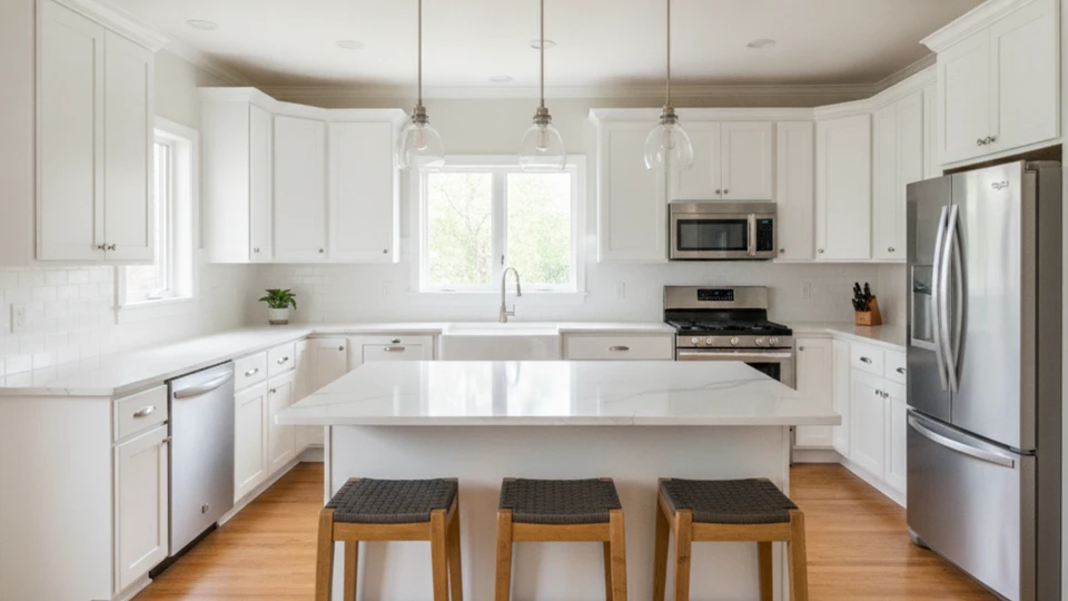 A close-up perspective of a newly remodeled kitchen showing immaculate white cabinets, built-in wall ovens, and a highly polished white quartz countertop reflecting natural window light