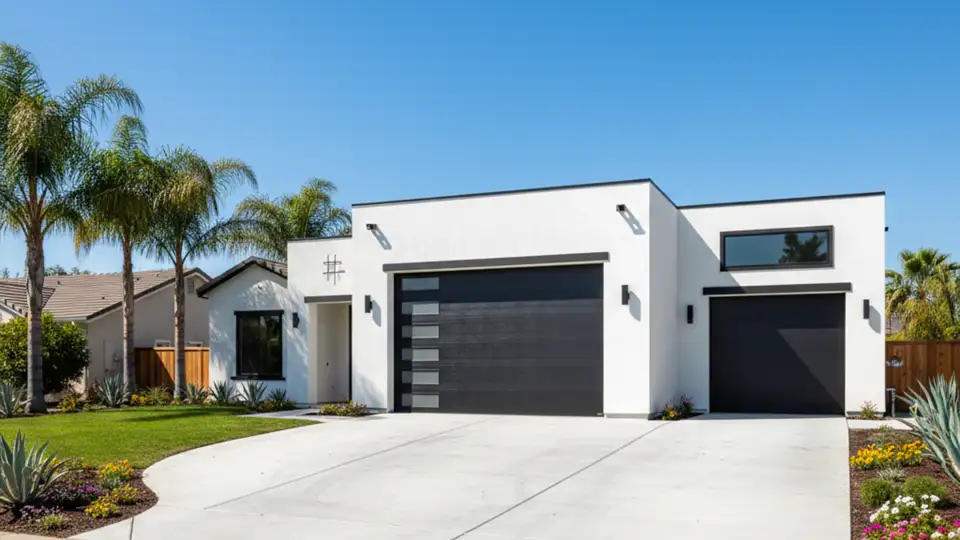 An expansive white stucco home showcasing a massive high-clearance RV garage bay situated next to standard residential parking spaces under a bright blue sky
