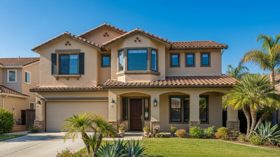 Classic Mediterranean style double story house addition with custom archway pillars, warm beige plastering, and a Spanish clay tile roof