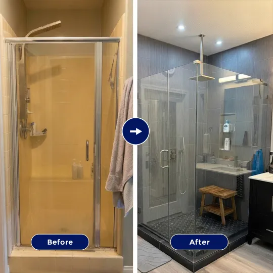 Before and after of a luxury walk-in shower remodel in Temecula, CA, transitioning from an old yellow-tiled enclosed shower to a spacious frameless glass shower enclosure with grey vertical tiles and a ceiling-mounted rainfall showerhead