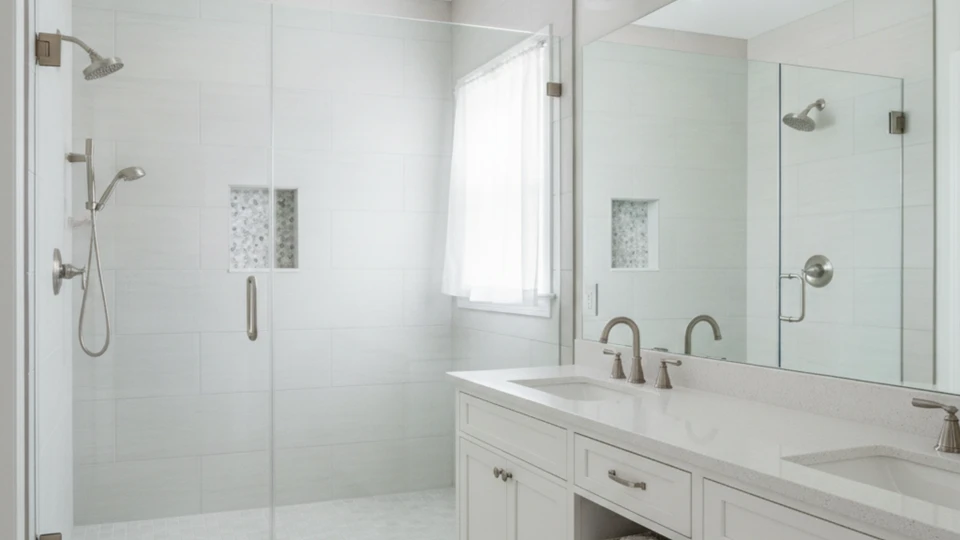 A modern bathroom space highlighting a sleek walk-in shower with minimalist white subway tile, frameless glass door, and a built-in bench