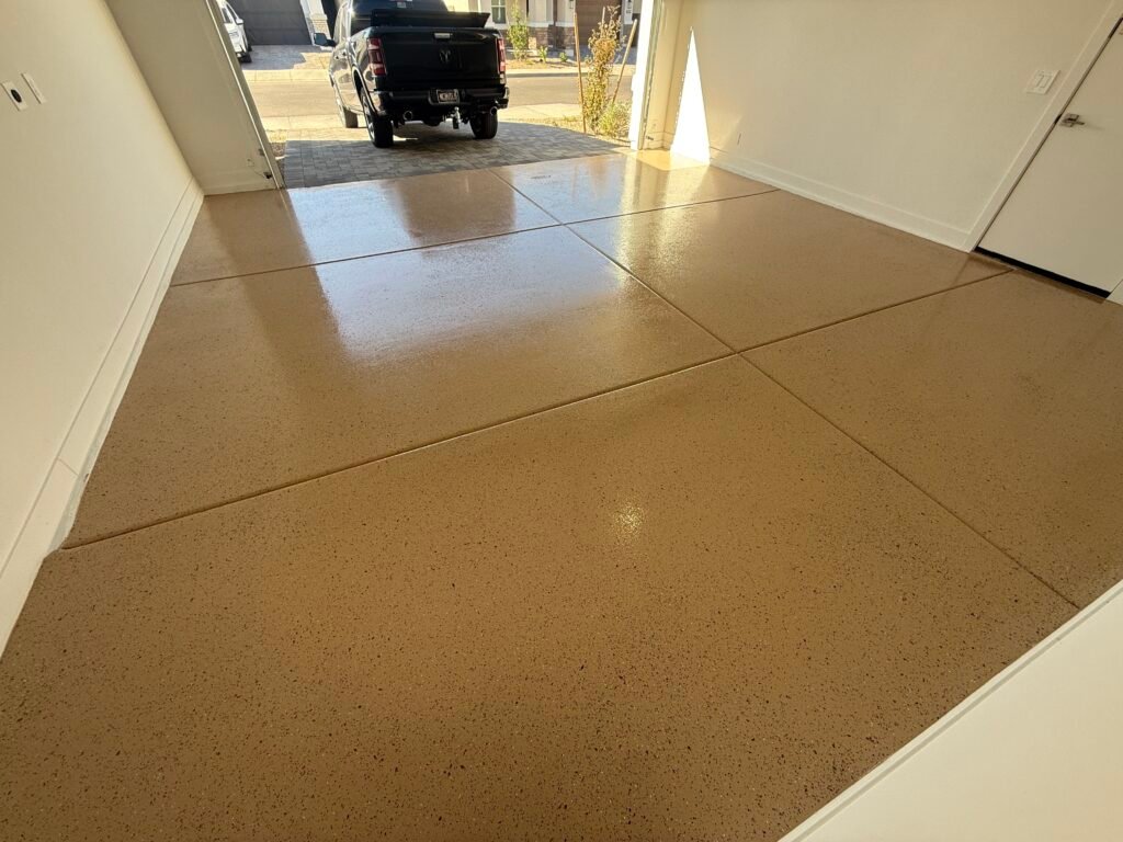 Custom commercial epoxy garage floor installation in Phoenix AZ home