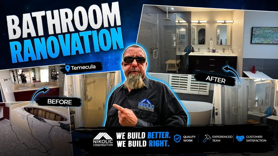 Before and after master bathroom renovation in Temecula, CA by Nikolic Construction showing vanity, walk-in shower, and freestanding tub transformation